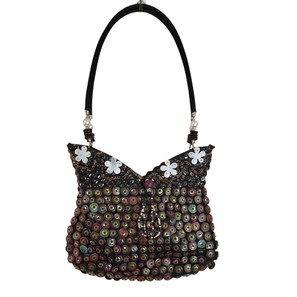 Handmade Coconut Shell Beaded Purse Medium Shoulder Bag Flowers Zip Philippines